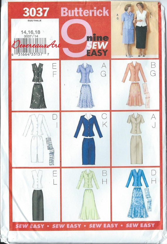 Butterick Pattern 3037 - UNCUT - Size 14-16-18 - Misses'/ Misses' PetiteTop, Skirt & Scarf