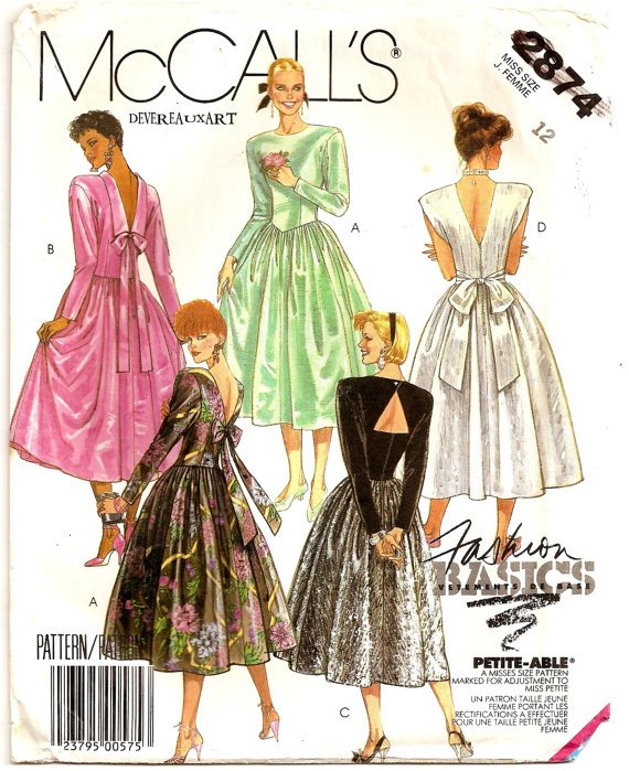1986 McCall's Pattern 2874 - UNCUT - Size 12 - Misses Dress with 4 variations.