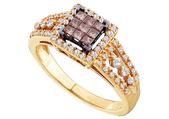 WOMENS BROWN CHAMPAGNE INVISIBLE SQUARE DIAMOND WEDDING BAND RING YELLOW GOLD