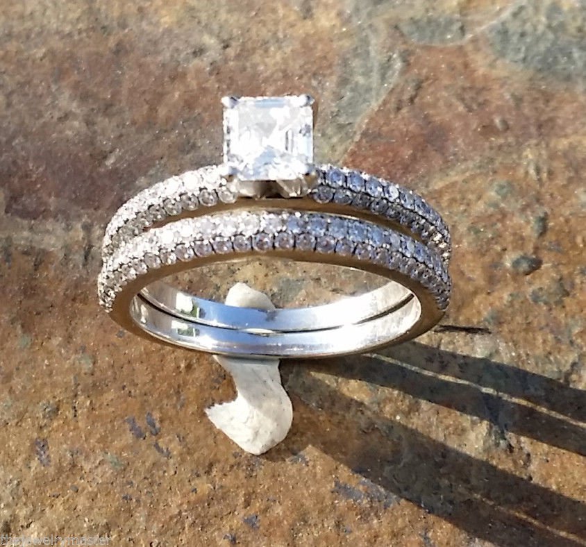 Diamond Engagement Ring Wedding Band Set Micro Pave Asscher Round 14k White Gold