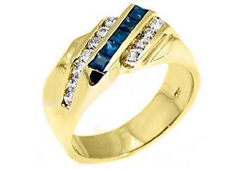 MENS 14KT YELLOW GOLD BLUE SAPPHIRE DIAMOND RING WEDDING BAND PRINCESS BAGUETTE