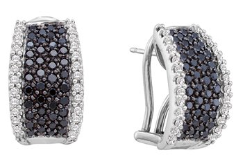 WOMENS 1.52 CARAT BLACK DIAMOND HOOP EARRINGS ROUND CUT PAVE 14KT WHITE GOLD