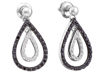 WOMENS .78 CARAT BLACK DIAMOND DANGLE TEAR EARRINGS ROUND CUT PAVE WHITE GOLD