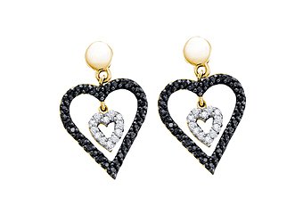 WOMENS .58 CARAT BLACK DIAMOND DANGLE EARRINGS HEART SHAPE PAVE YELLOW GOLD