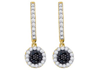 WOMENS .49 CARAT BLACK DIAMOND DANGLE EARRINGS ROUND CUT PAVE YELLOW GOLD