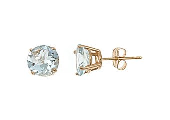 2.5 CARAT AQUAMARINE STUD EARRINGS 7mm ROUND 14KT YELLOW GOLD MARCH BIRTH STONE