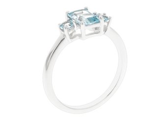 WOMENS 1.55 CARAT BLUE TOPAZ EMERALD CUT ROUND 3-STONE RING 925 STERLING SILVER