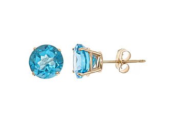 3 CARAT BLUE TOPAZ STUD EARRINGS 7mm ROUND 14KT YELLOW GOLD DECEMBER BIRTH STONE