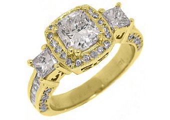 2.5 CARAT WOMENS 3-STONE DIAMOND HALO RING CUSHION CUT YELLOW GOLD