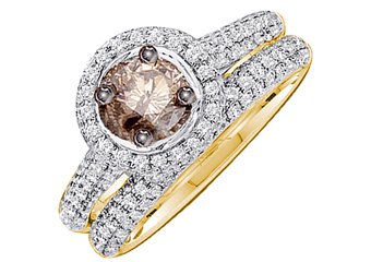 WOMENS BROWN DIAMOND ENGAGEMENT HALO RING WEDDING BAND BRIDAL SET ROUND CUT