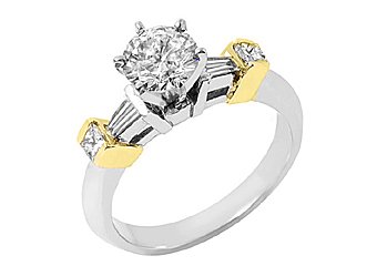 WOMENS BRILLIANT ROUND BAGUETTE DIAMOND ENGAGEMENT RING TWO TONE WHITE GOLD