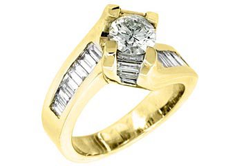 2.38 CARAT WOMENS DIAMOND ENGAGEMENT WEDDING RING ROUND BAGUETTE CUT YELLOW GOLD