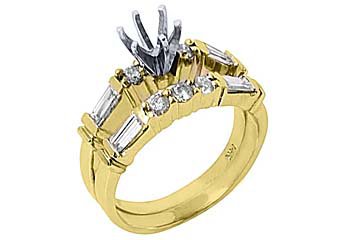 1 CARAT WOMENS DIAMOND ENGAGEMENT RING SEMI-MOUNT SET ROUND BAGUETTE YELLOW GOLD