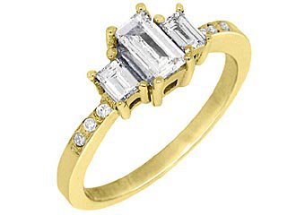 4/5CT WOMENS 3-STONE PAST PRESENT FUTURE DIAMOND RING EMERALD CUT YELLOW GOLD