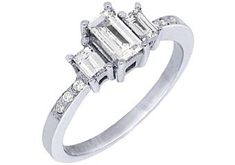 4/5CT WOMENS 3-STONE PAST PRESENT FUTURE DIAMOND RING EMERALD CUT WHITE GOLD