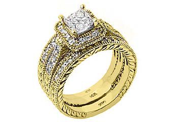 DIAMOND ENGAGEMENT RING HALO WEDDING BAND BRIDAL SET PRINCESS CUT YELLOW GOLD
