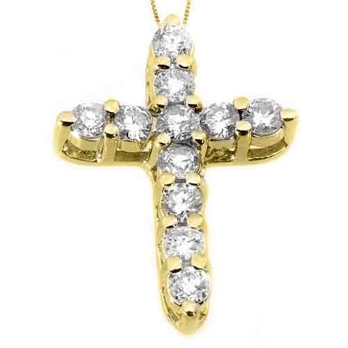 1.10 Carat Diamond Cross Pendant 14KT Yellow Gold Brilliant Round Cut Prong Set