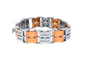 Mens Diamond Link Bracelet 3.22 Carats Round Cut 14KT Rose & White Two-Tone Gold