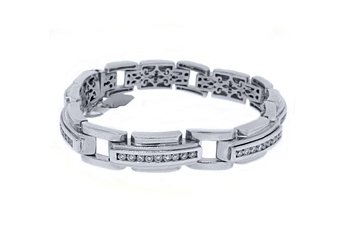 Mens Diamond Link Bracelet 4.78 Carat Brilliant Round Cut Channel Set White Gold