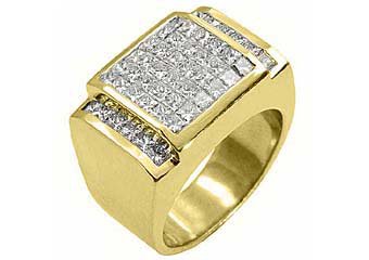 MENS 3 CARAT DIAMOND RING PRINCESS SQUARE CUT INVISIBLE 18KT YELLOW GOLD