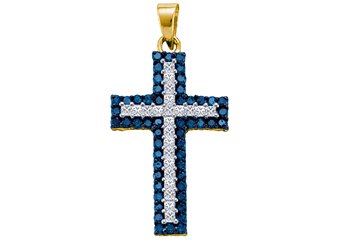 1.15 Carat Blue Diamond Cross Pendant Brilliant Round Cut Yellow Gold
