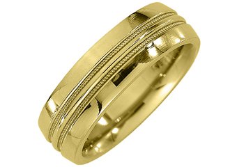 MENS WEDDING BAND ENGAGEMENT RING YELLOW GOLD HIGH GLOSS MILGRAIN 6mm