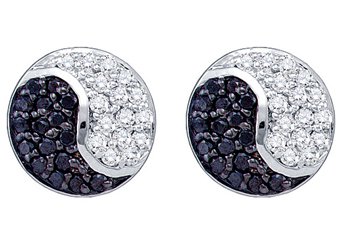 .36 CARAT BRILLIANT ROUND CUT BLACK DIAMOND STUD EARRINGS YING YANG WHITE GOLD