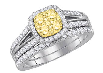 YELLOW DIAMOND ENGAGEMENT HALO RING WEDDING BAND BRIDAL SET CUSHION SHAPE 1 CT