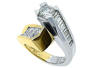WOMENS 3 CARAT ROUND BAGUETTE CUT DIAMOND ENGAGEMENT RING TWO TONE WHITE GOLD
