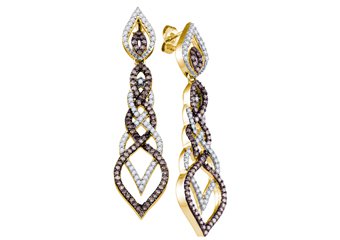 1.5 CARAT BRILLIANT ROUND BROWN CHAMPAGNE DIAMOND DANGLE EARRINGS YELLOW GOLD