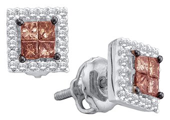 .33 CARAT PRINCESS SQUARE BROWN CHAMPAGNE DIAMOND STUD EARRINGS WHITE GOLD