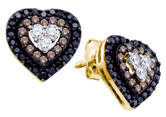 .50 CARAT HEART SHAPE BROWN CHAMPAGNE & BLACK DIAMOND STUD EARRINGS YELLOW GOLD