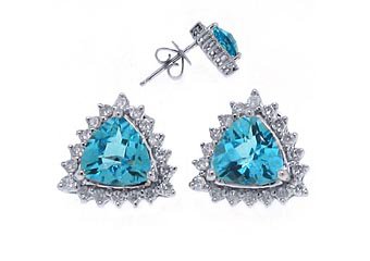 1.53 CARAT BLUE TOPAZ TRILLION SHAPE DIAMOND HALO STUD EARRINGS 14KT WHITE GOLD