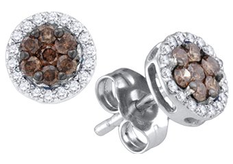 .25 CARAT BRILLIANT ROUND BROWN CHAMPAGNE DIAMOND HALO STUD EARRINGS WHITE GOLD
