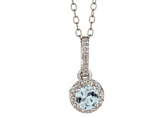 AQUAMARINE & DIAMOND HALO PENDANT STERLING SILVER ROUND .43 CARATS CABLE CHAIN