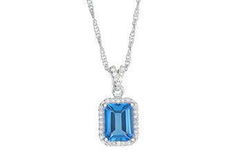 BLUE TOPAZ & DIAMOND HALO PENDANT 9x7MM EMERALD CUT 925 SILVER 18" CHAIN