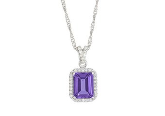 AMETHYST & DIAMOND HALO PENDANT 9x7MM EMERALD CUT 925 SILVER 18" CHAIN