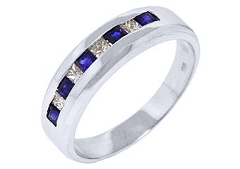 MENS 14KT WHITE GOLD BLUE SAPPHIRE DIAMOND RING WEDDING BAND PRINCESS