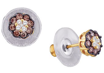1 CARAT BRILLIANT ROUND BROWN CHAMPAGNE DIAMOND HALO STUD EARRINGS YELLOW GOLD