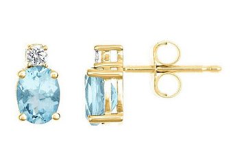YELLOW GOLD AQUAMARINE & DIAMOND STUD EARRINGS OVAL SHAPE 7mmx5mm 14KT