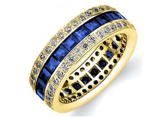 DIAMOND & BLUE SAPPHIRE ETERNITY BAND WEDDING RING PRINCESS CUT 14K YELLOW GOLD