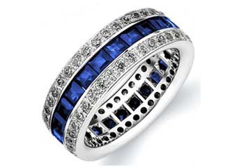 DIAMOND & BLUE SAPPHIRE ETERNITY BAND WEDDING RING PRINCESS CUT 14KT WHITE GOLD