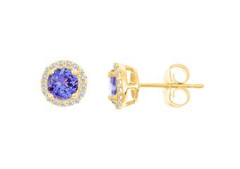 3.33 CARAT TANZANITE & DIAMOND STUD HALO EARRINGS 9mm ROUND 14KT YELLOW GOLD