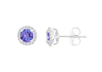 3.33 CARAT TANZANITE & ROUND DIAMOND STUD HALO EARRINGS 9mm 14KT WHITE GOLD