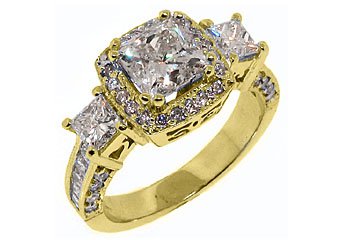 3.5 CARAT WOMENS 3-STONE DIAMOND ANNIVERSARY HALO RING PRINCESS CUT YELLOW GOLD