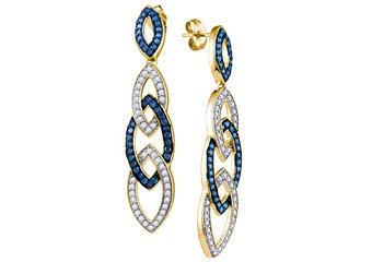 1.4 CARAT BRILLIANT ROUND CUT BLUE DIAMOND DANGLE EARRINGS YELLOW GOLD