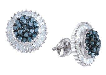 1 CARAT ROUND & BAGUETTE BLUE DIAMOND HALO STUD EARRINGS WHITE GOLD