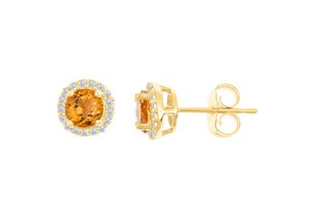 1.08 CARAT CITRINE & DIAMOND STUD HALO EARRINGS 7mm ROUND NOVEMBER BIRTH STONE