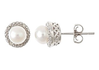 GENUINE PEARL & DIAMOND HALO STUD EARRINGS 6mm ROUND SILVER JUNE BIRTHSTONE
