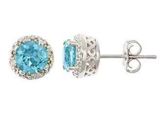 2CT BLUE TOPAZ DIAMOND HALO STUD EARRINGS 6mm ROUND SILVER DECEMBER BIRTH STONE